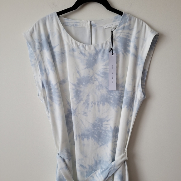 Nwt Melissa Nepton Made in Canada White and Tie Die Blue Pattern Tencel Dress - Picture 4 of 14